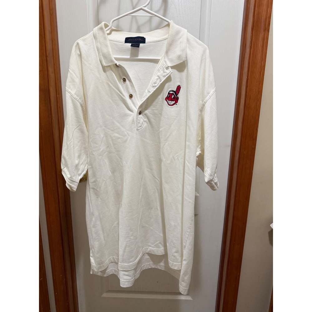 Vintage Antigua Cleveland Indians Chief Wahoo Polo Shirt Mens XL White Cotton ML